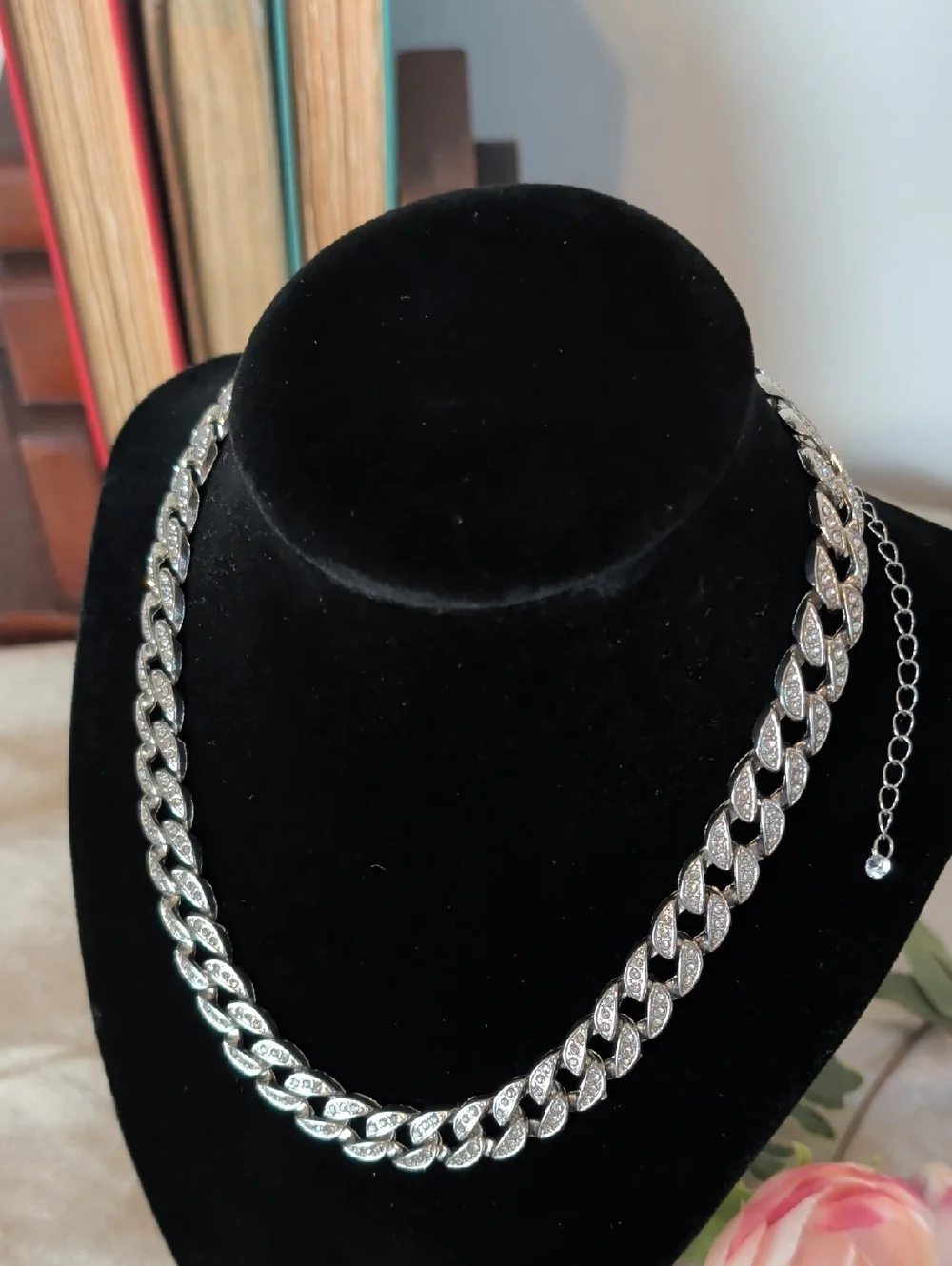 Y2K Rhinestone Cuban Link Necklace Silver Tone Glam Chain Pavé Crystal Detail